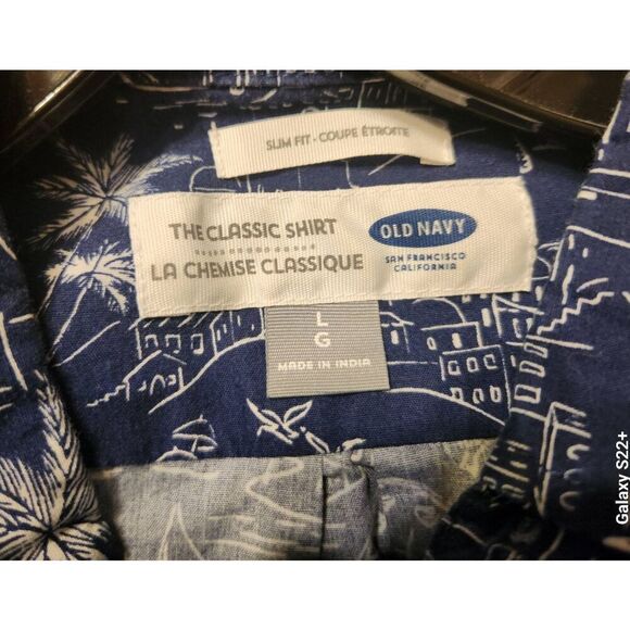 M24 Old Navy classic slim fit button shirt, navy circus carnival print Men's L - Picture 7 of 9